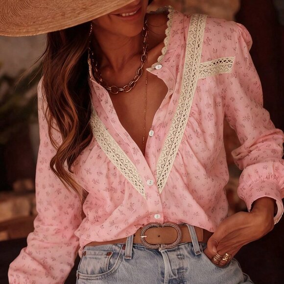 Tops - Pink Casual Women's Floral Lace Blouse